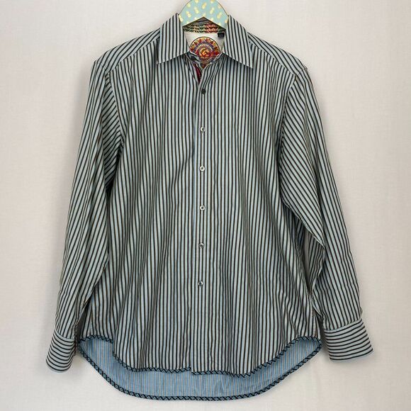 Robert Graham Button Up Shirt Men Medium Striped Blue Gray Velvet Trim Flip Cuff - Picture 3 of 16